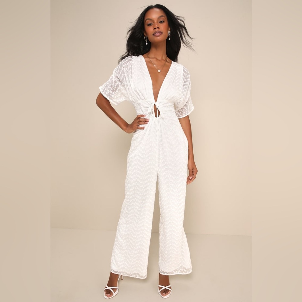 Lulus White Embroidered Floral Cutout Jumpsuit Tie-Front size M